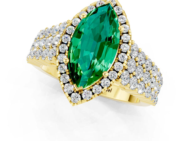 Yellow gold Marquise Cut Emerald Halo Engagement Ring with Triple Row Round Pavé Band and Prong Setting