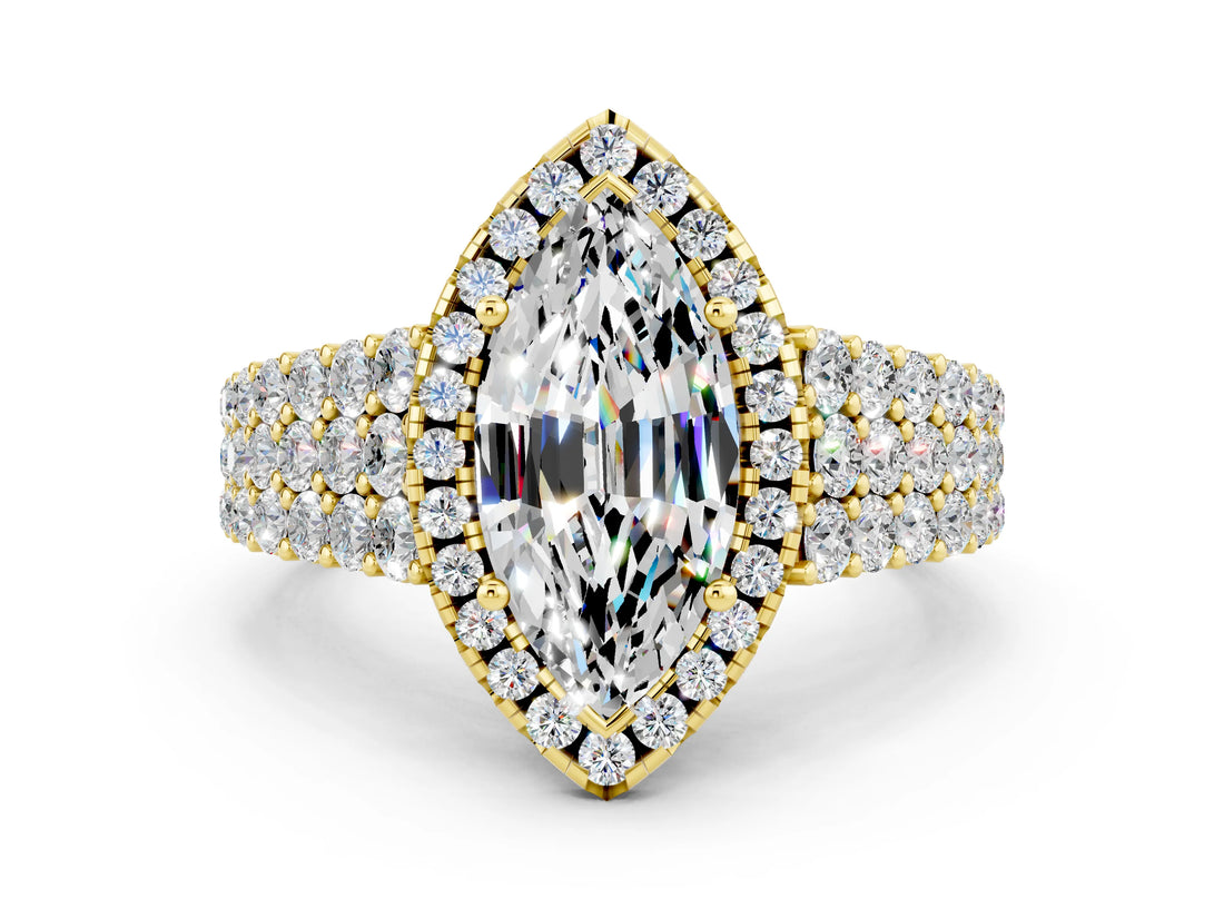 Yellow gold Marquise Cut Halo Pavé Diamond Engagement Ring with Split Shank and Four-Prong Setting