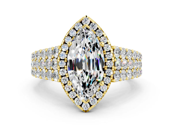 Yellow gold Marquise Cut Moissanite Halo Engagement Ring with Triple Row Round Pavé Band and Prong Setting