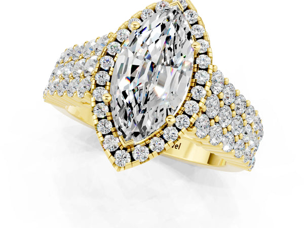 Yellow gold Marquise Cut Moissanite Halo Engagement Ring with Triple Row Round Pavé Band and Prong Setting