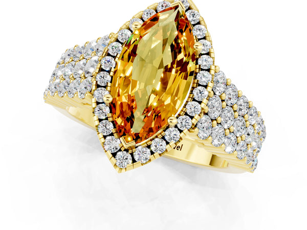 Yellow gold Marquise Cut Citrine Halo Engagement Ring with Triple Row Round Pavé Band and Prong Setting