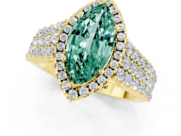 Yellow gold Marquise Cut Green Sapphire Halo Engagement Ring with Triple Row Round Pavé Band and Prong Setting