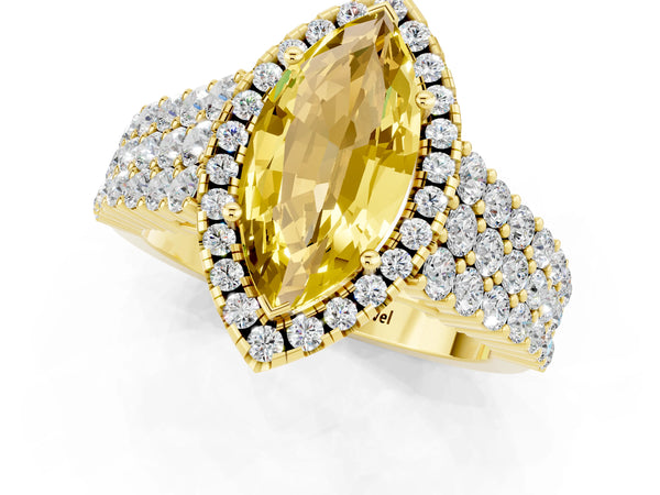 Yellow gold Marquise Cut Yellow Sapphire Halo Engagement Ring with Triple Row Round Pavé Band and Prong Setting