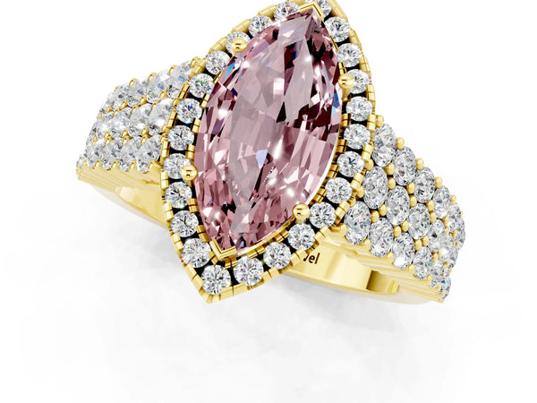Yellow gold Marquise Cut Halo Pavé Diamond Engagement Ring with Split Shank and Four-Prong Setting