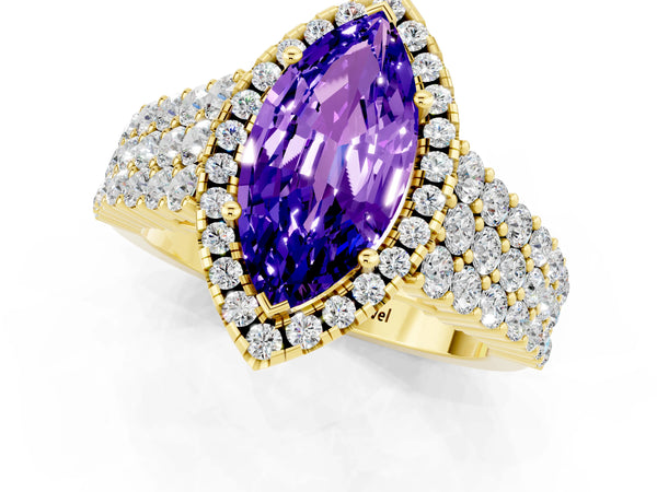 Yellow gold Marquise Cut Tanzanite Halo Engagement Ring with Triple Row Round Pavé Band and Prong Setting