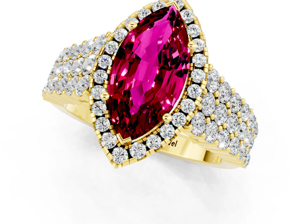 Yellow gold Marquise Cut Garnet Halo Engagement Ring with Triple Row Round Pavé Band and Prong Setting