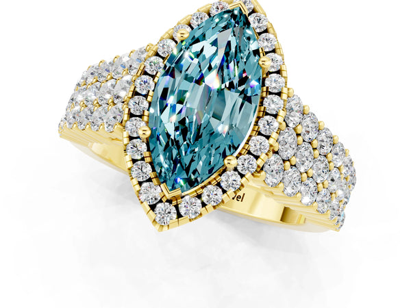 Yellow gold Marquise Cut Halo Pavé Diamond Engagement Ring with Split Shank and Four-Prong Setting