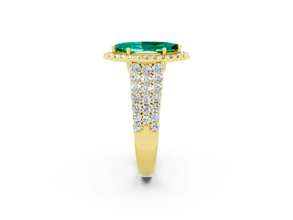 Yellow gold Marquise Cut Emerald Halo Engagement Ring with Triple Row Round Pavé Band and Prong Setting