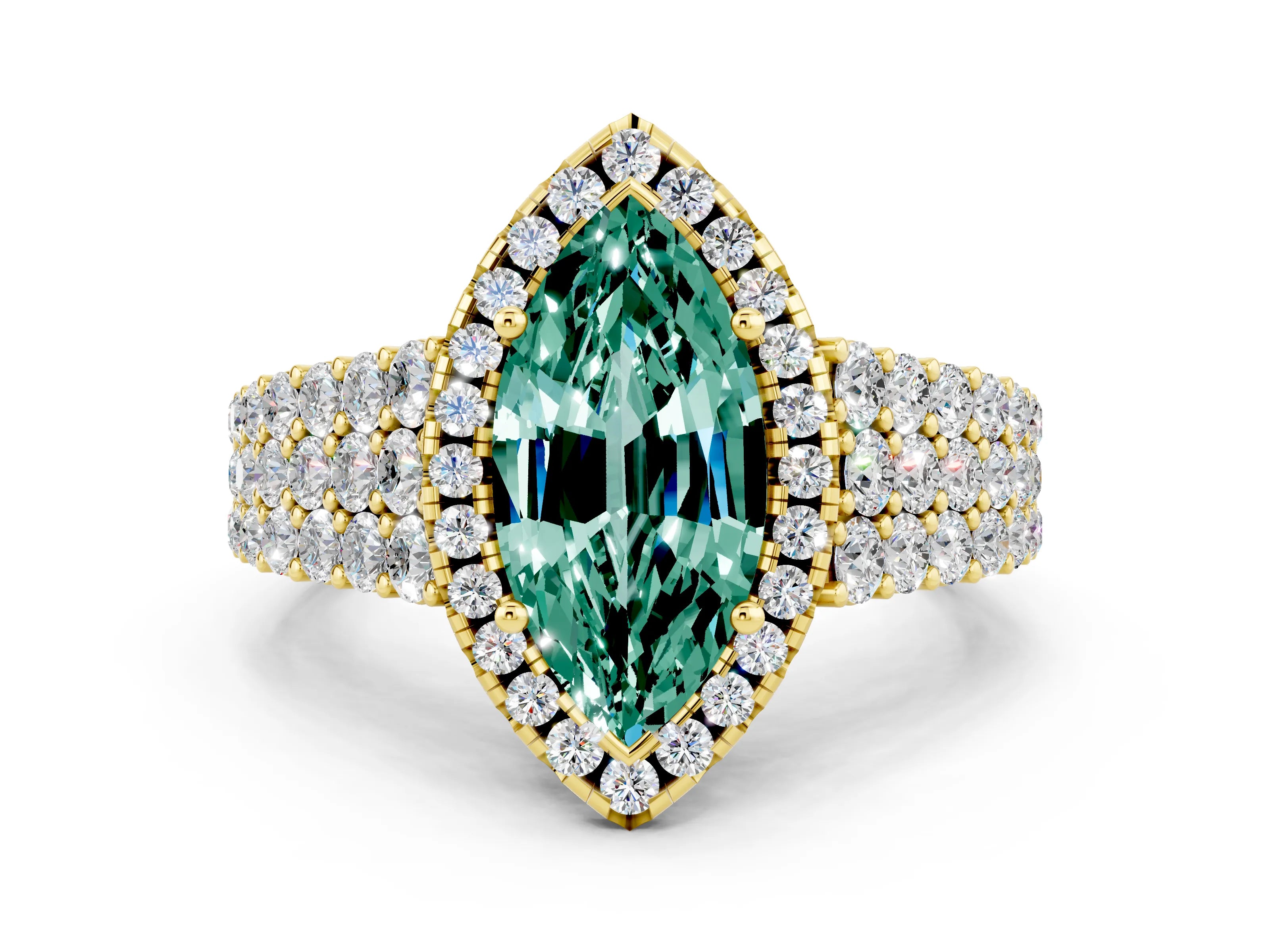 Yellow gold Marquise Cut Halo Pavé Diamond Engagement Ring with Split Shank and Four-Prong Setting