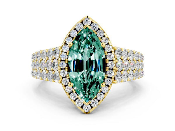 Yellow gold Marquise Cut Green Sapphire Halo Engagement Ring with Triple Row Round Pavé Band and Prong Setting