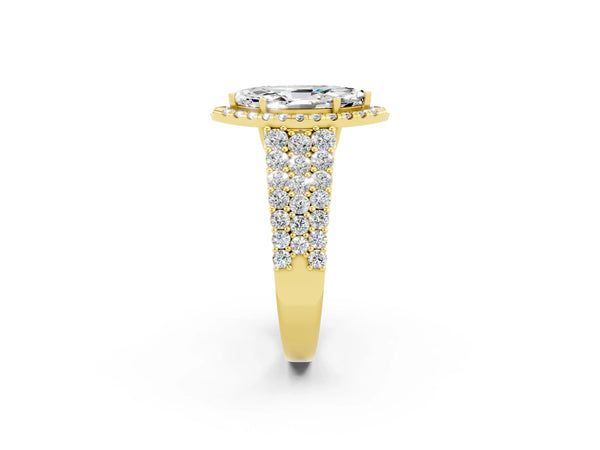 Yellow gold Marquise Cut Moissanite Halo Engagement Ring with Triple Row Round Pavé Band and Prong Setting