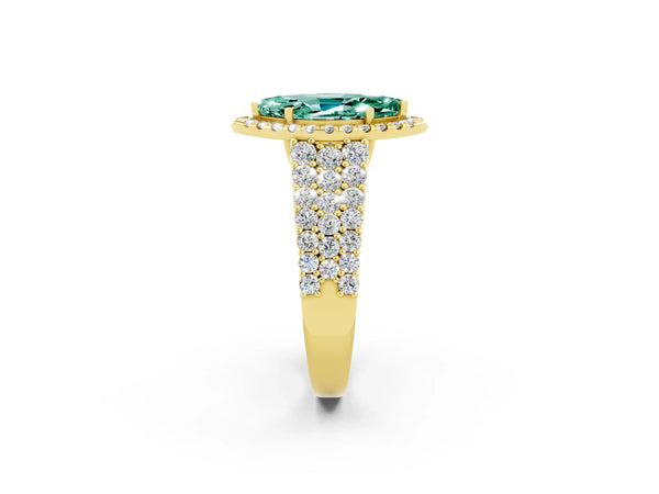 Yellow gold Marquise Cut Green Sapphire Halo Engagement Ring with Triple Row Round Pavé Band and Prong Setting