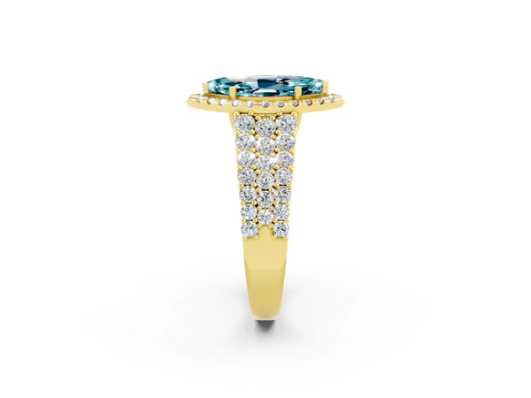 Yellow gold Marquise Cut Halo Pavé Diamond Engagement Ring with Split Shank and Four-Prong Setting