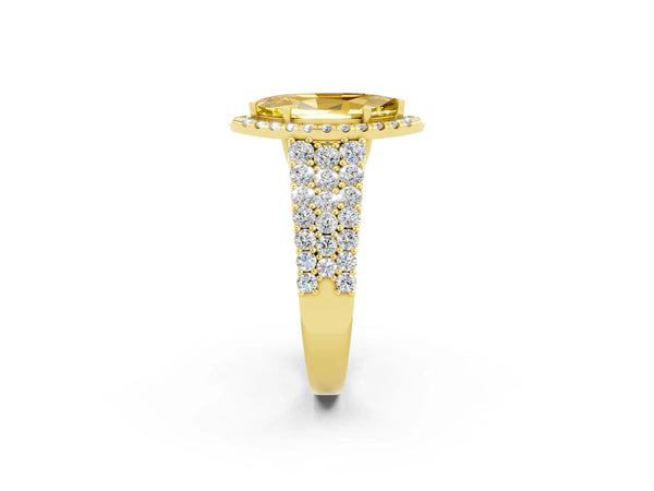 Yellow gold Marquise Cut Yellow Sapphire Halo Engagement Ring with Triple Row Round Pavé Band and Prong Setting