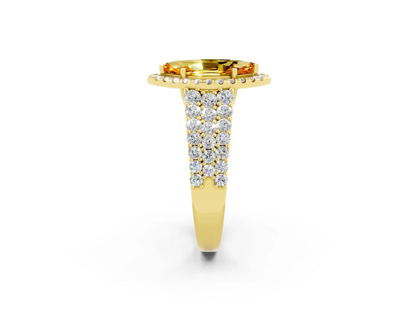 Yellow gold Marquise Cut Citrine Halo Engagement Ring with Triple Row Round Pavé Band and Prong Setting