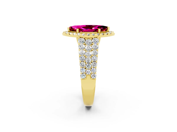 Yellow gold Marquise Cut Garnet Halo Engagement Ring with Triple Row Round Pavé Band and Prong Setting
