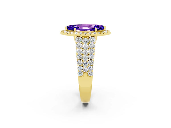 Yellow gold Marquise Cut Tanzanite Halo Engagement Ring with Triple Row Round Pavé Band and Prong Setting