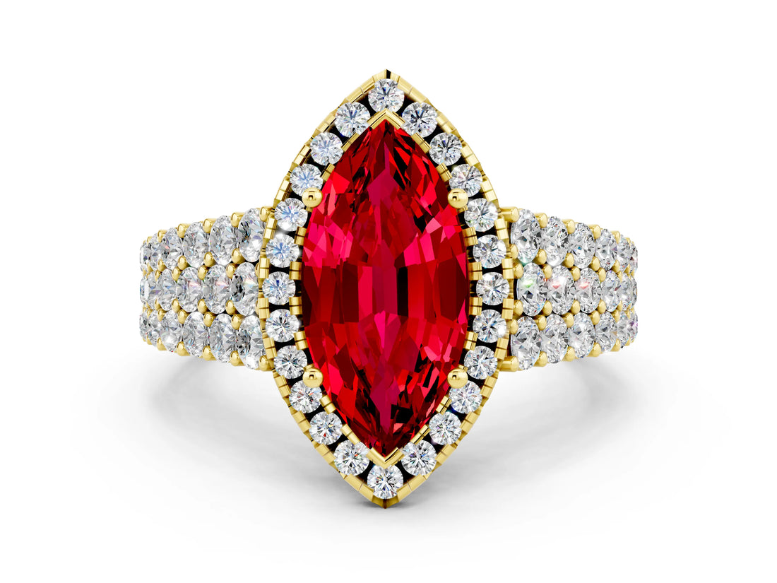Yellow gold Marquise Cut Halo Pavé Diamond Engagement Ring with Split Shank and Four-Prong Setting