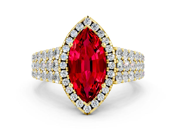 Yellow gold Marquise Cut Halo Pavé Diamond Engagement Ring with Split Shank and Four-Prong Setting