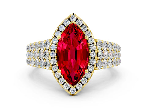 Yellow gold Marquise Cut Halo Pavé Diamond Engagement Ring with Split Shank and Four-Prong Setting
