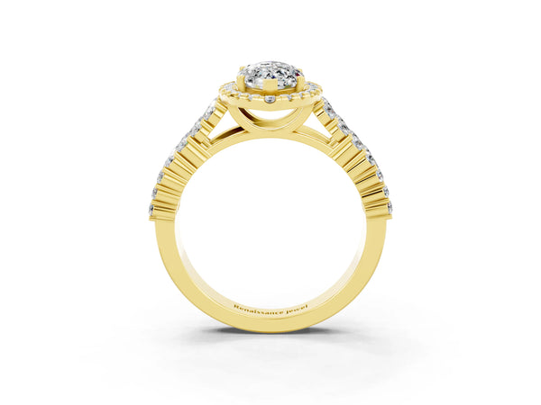 Yellow gold Marquise Cut Moissanite Halo Engagement Ring with Triple Row Round Pavé Band and Prong Setting