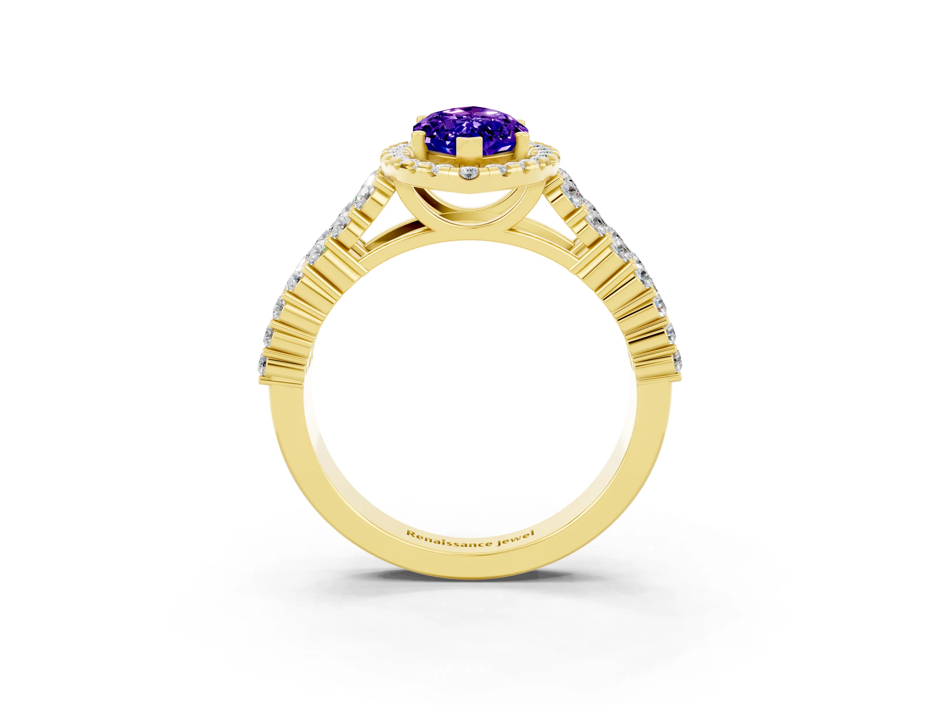 Yellow gold Marquise Cut Halo Pavé Diamond Engagement Ring with Split Shank and Four-Prong Setting_3