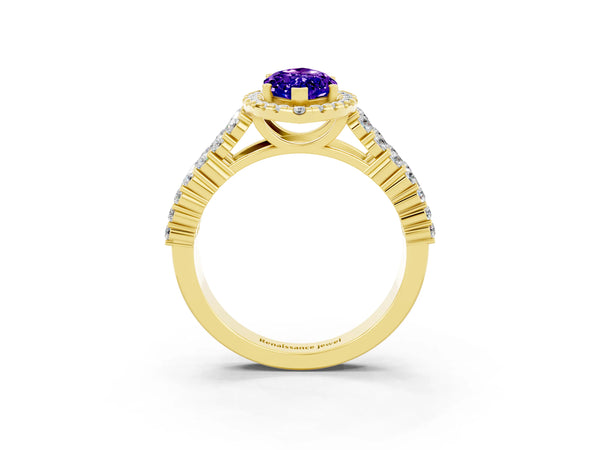 Yellow gold Marquise Cut Tanzanite Halo Engagement Ring with Triple Row Round Pavé Band and Prong Setting