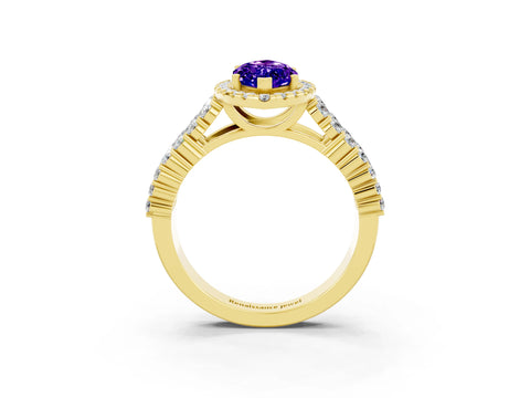 Yellow gold Marquise Cut Halo Pavé Diamond Engagement Ring with Split Shank and Four-Prong Setting_3