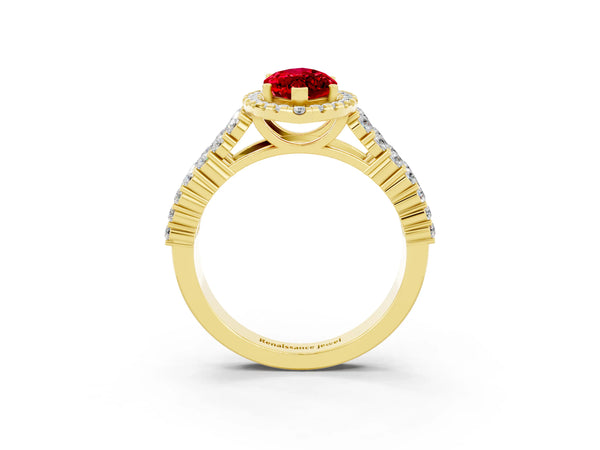 Yellow gold Marquise Cut Halo Pavé Diamond Engagement Ring with Split Shank and Four-Prong Setting