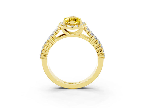 Yellow gold Marquise Cut Yellow Sapphire Halo Engagement Ring with Triple Row Round Pavé Band and Prong Setting