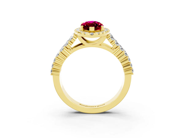 Yellow gold Marquise Cut Garnet Halo Engagement Ring with Triple Row Round Pavé Band and Prong Setting