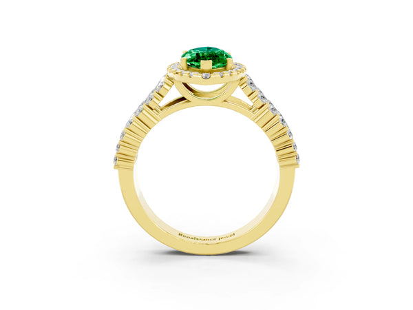 Yellow gold Marquise Cut Emerald Halo Engagement Ring with Triple Row Round Pavé Band and Prong Setting