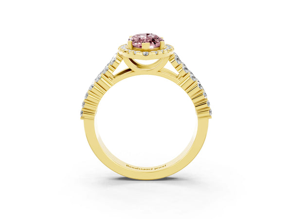 Yellow gold Marquise Cut Halo Pavé Diamond Engagement Ring with Split Shank and Four-Prong Setting