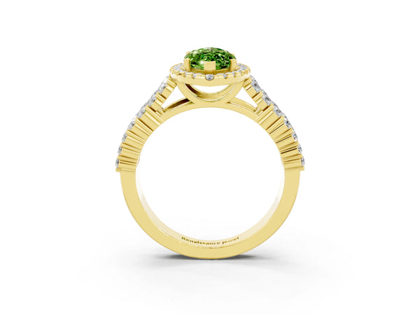 Yellow gold Marquise Cut Halo Pavé Diamond Engagement Ring with Split Shank and Four-Prong Setting
