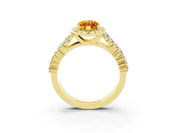 Yellow gold Marquise Cut Citrine Halo Engagement Ring with Triple Row Round Pavé Band and Prong Setting