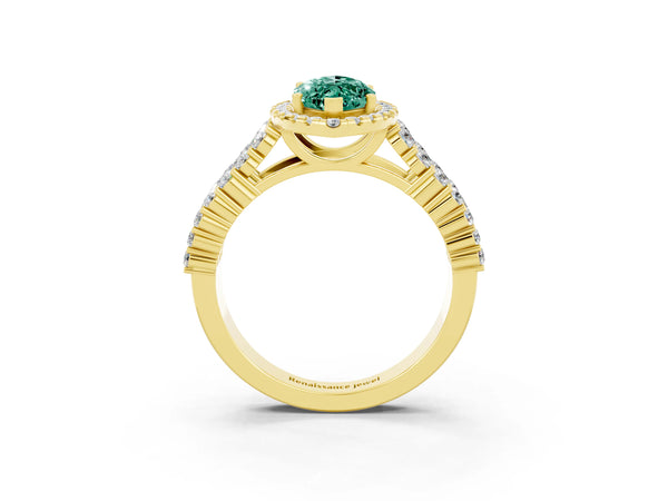 Yellow gold Marquise Cut Green Sapphire Halo Engagement Ring with Triple Row Round Pavé Band and Prong Setting