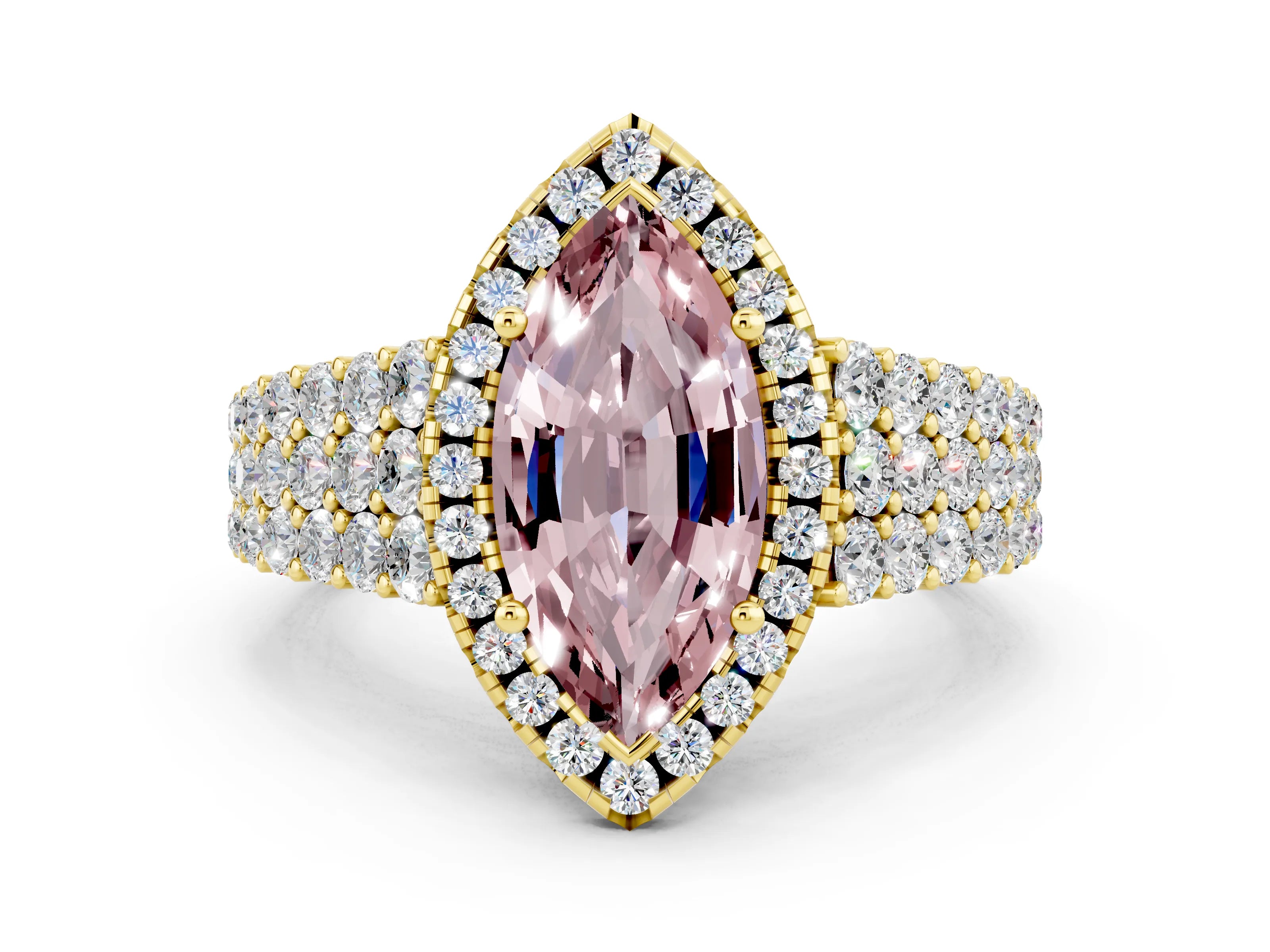 Yellow gold Marquise Cut Halo Pavé Diamond Engagement Ring with Split Shank and Four-Prong Setting