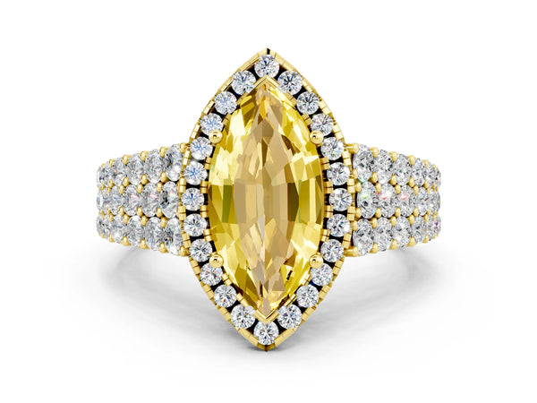Yellow gold Marquise Cut Yellow Sapphire Halo Engagement Ring with Triple Row Round Pavé Band and Prong Setting