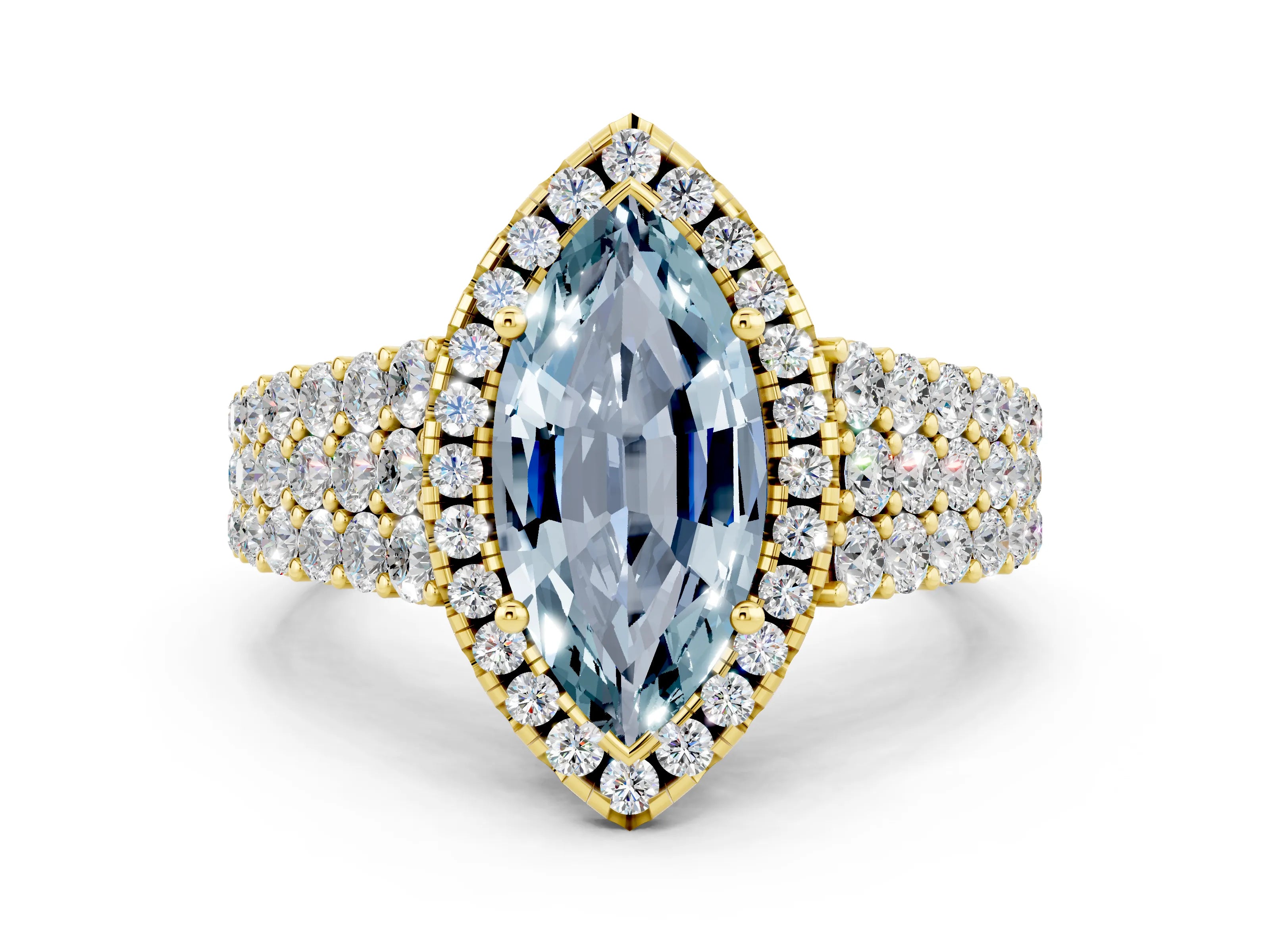 Yellow gold Marquise Cut Halo Pavé Diamond Engagement Ring with Split Shank and Four-Prong Setting