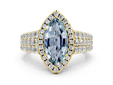 Yellow gold Marquise Cut Halo Pavé Diamond Engagement Ring with Split Shank and Four-Prong Setting