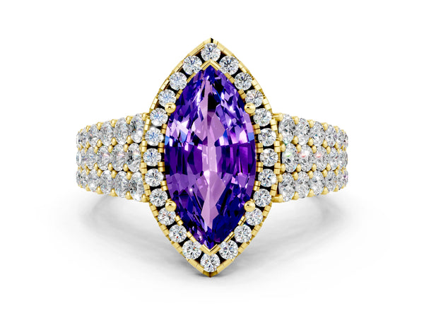 Yellow gold Marquise Cut Tanzanite Halo Engagement Ring with Triple Row Round Pavé Band and Prong Setting