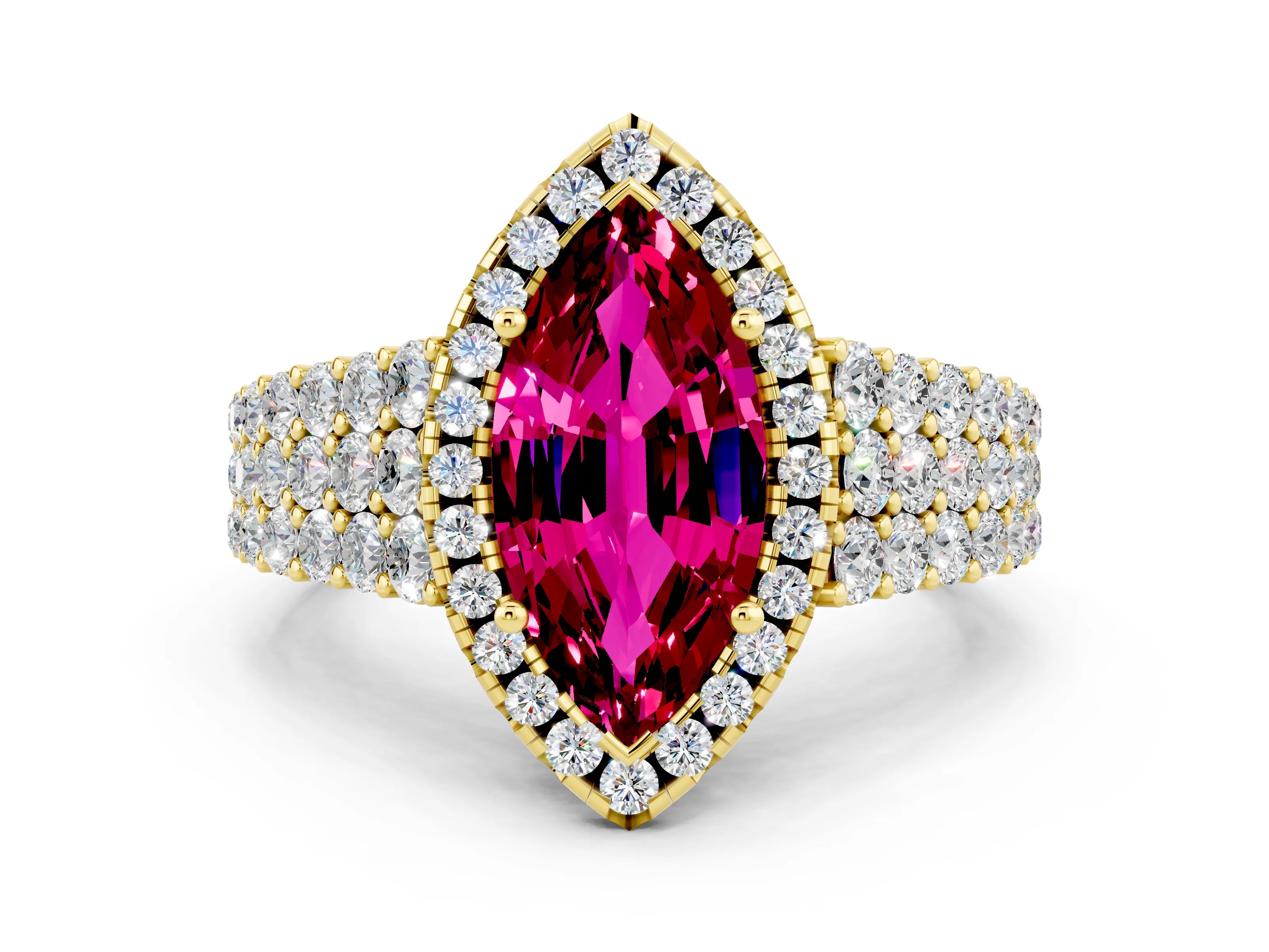 Yellow gold Marquise Cut Halo Pavé Diamond Engagement Ring with Split Shank and Four-Prong Setting