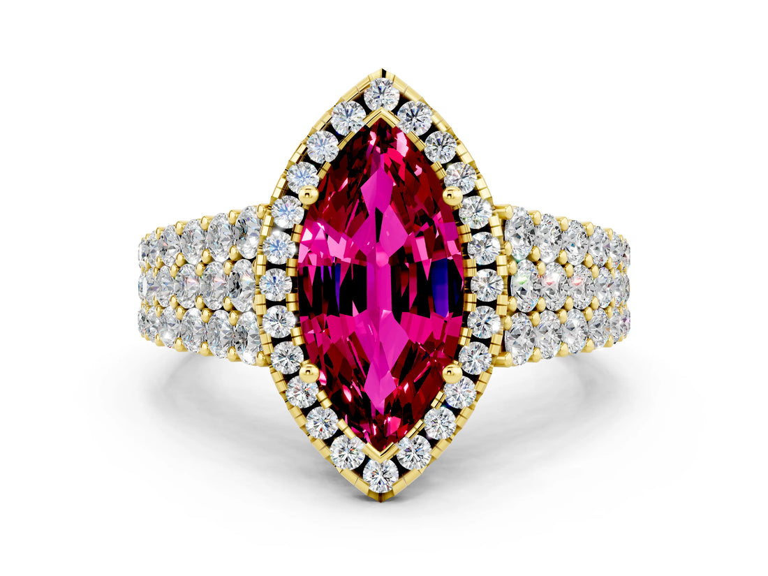 Yellow gold Marquise Cut Halo Pavé Diamond Engagement Ring with Split Shank and Four-Prong Setting