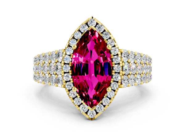 Yellow gold Marquise Cut Garnet Halo Engagement Ring with Triple Row Round Pavé Band and Prong Setting