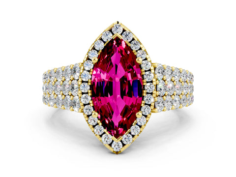 Yellow gold Marquise Cut Halo Pavé Diamond Engagement Ring with Split Shank and Four-Prong Setting
