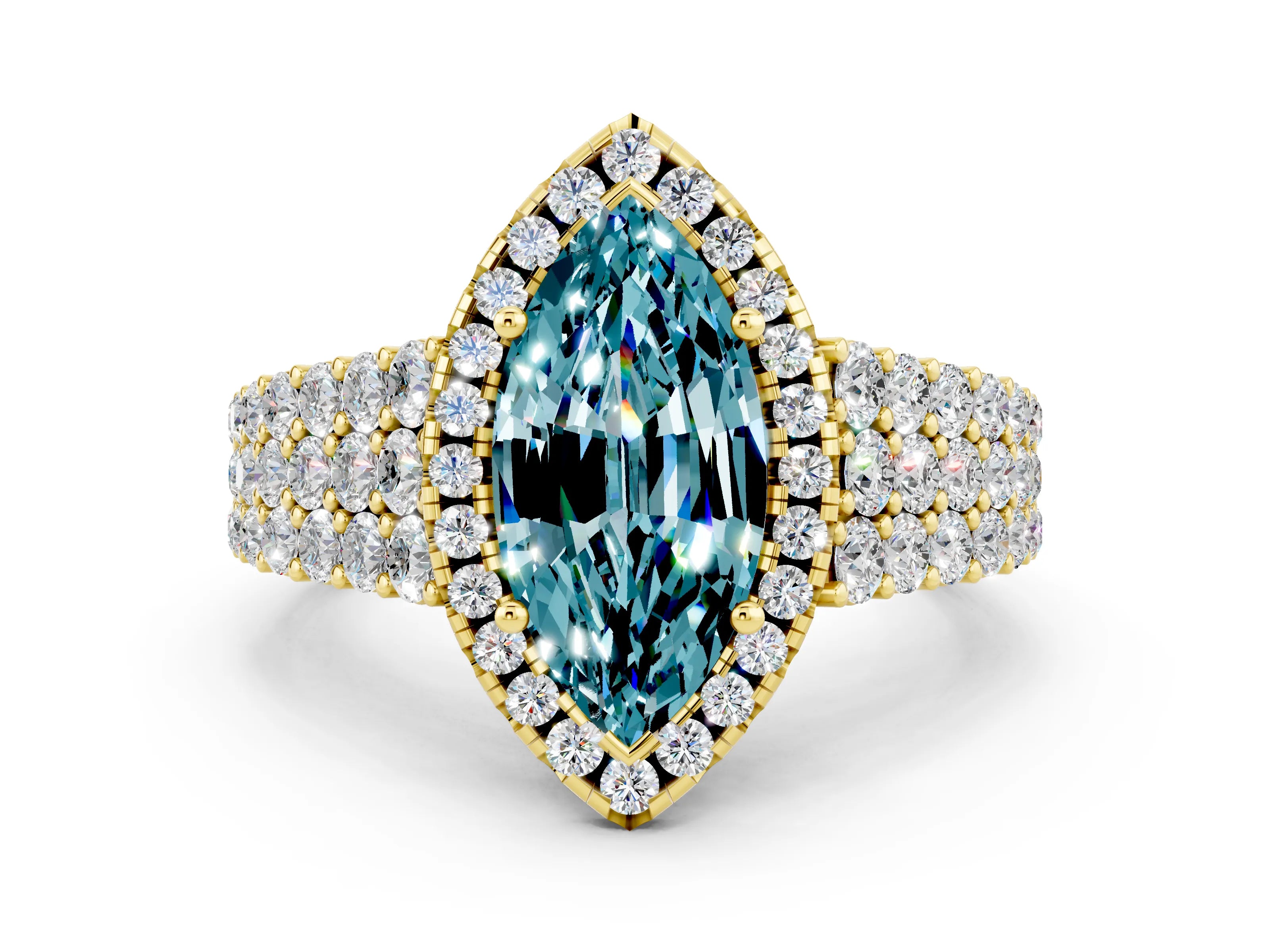 Yellow gold Marquise Cut Halo Pavé Diamond Engagement Ring with Split Shank and Four-Prong Setting