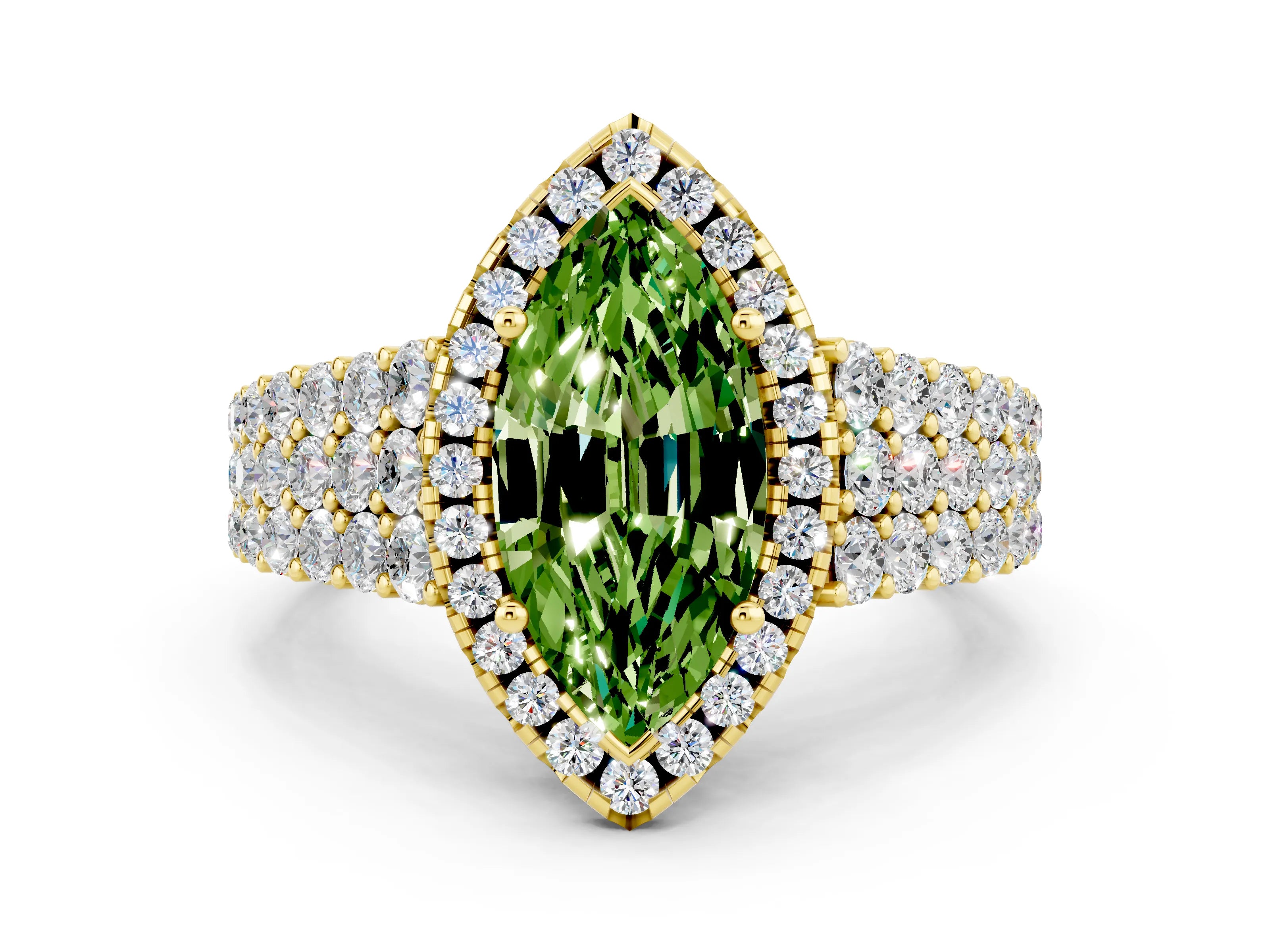 Yellow gold Marquise Cut Halo Pavé Diamond Engagement Ring with Split Shank and Four-Prong Setting