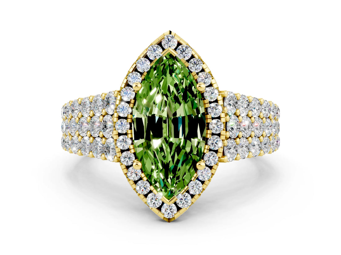Yellow gold Marquise Cut Halo Pavé Diamond Engagement Ring with Split Shank and Four-Prong Setting