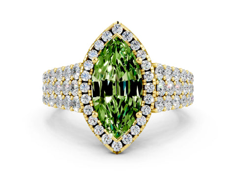 Yellow gold Marquise Cut Halo Pavé Diamond Engagement Ring with Split Shank and Four-Prong Setting