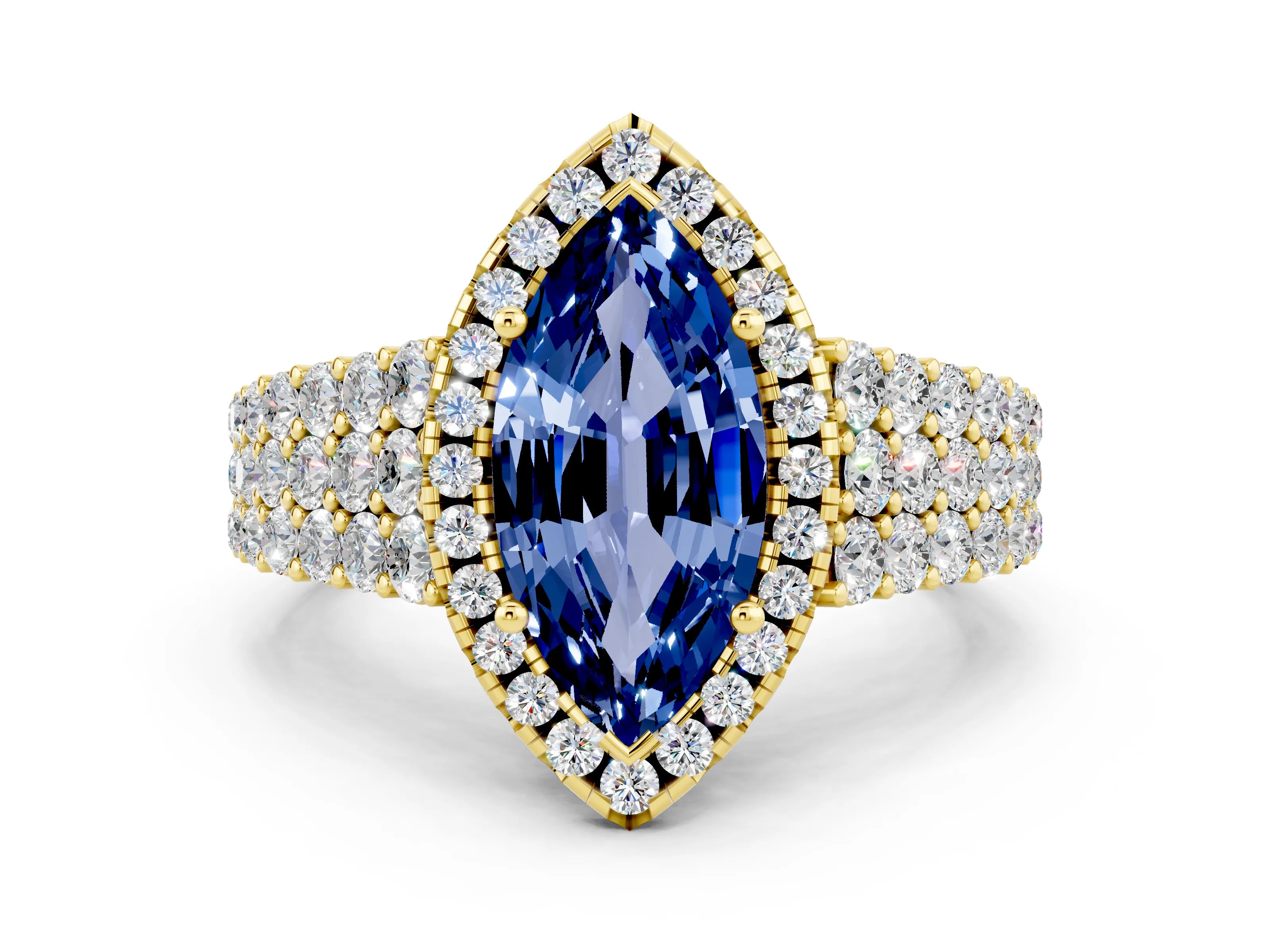 Yellow gold Marquise Cut Halo Pavé Diamond Engagement Ring with Split Shank and Four-Prong Setting
